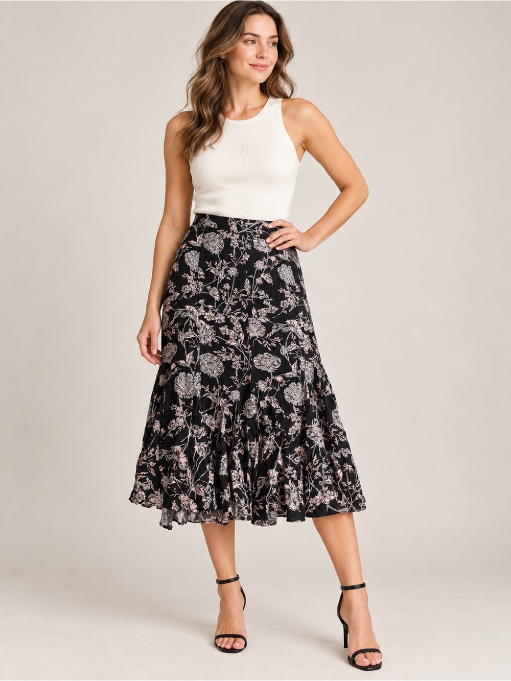 Talbots Size 12 Black Pink Floral Tiered Flounce Midi Skirt High Waist